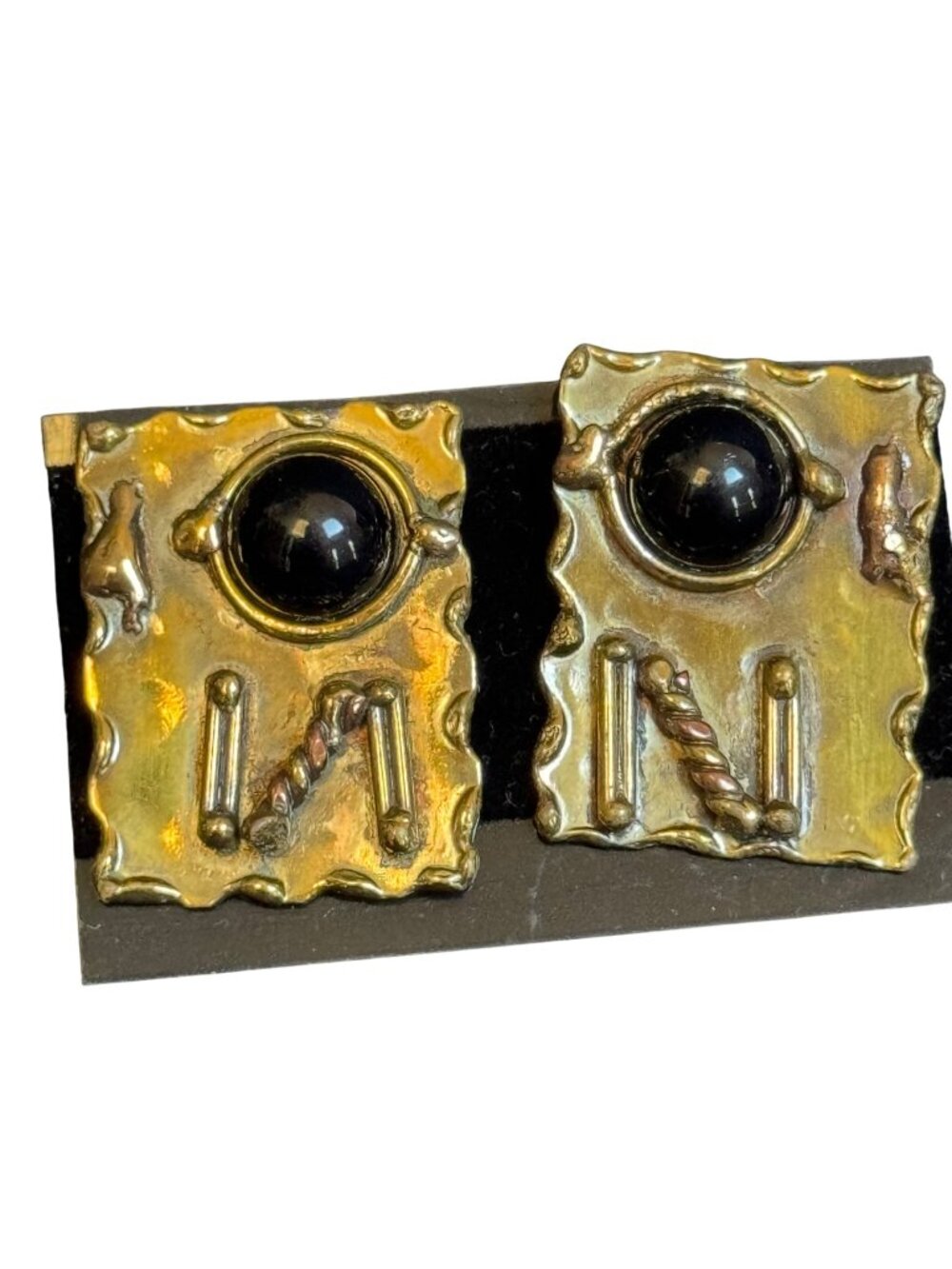 African Handmade Brass and Black Stone Earrings With Abstract Design